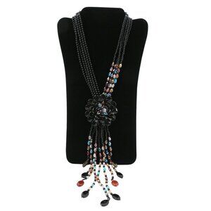 New Joan Rivers Starlet Style Beaded Flower Cluster Fringe Black Necklace 20"